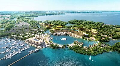 Robinson Club wird am Januar 2029 mit einer Anlage im Jangtse-Delta in China vertreten sein. Luftaufnahme des neuen Robinson Clubs in China mit moderner Architektur, Yachthafen und grüner Seenlandschaft – nachhaltiges Luxusresort und touristisches Highlight der Region