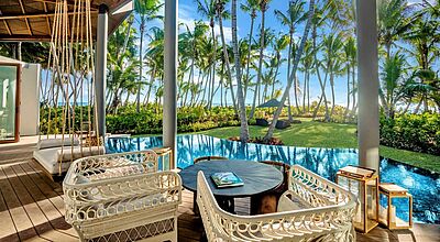 Das neue Waldorf Astoria Seychelles Platte Island bietet 50 Villen mit Pool. Foto: Hilton