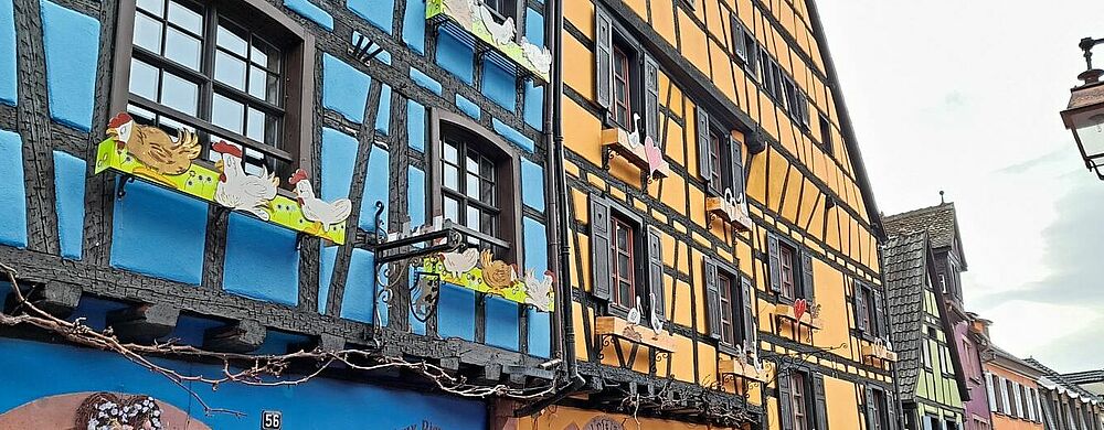 Innerhalb der ­Stadtmauern von ­Riquewihr reihen sich farbige ­Fachwerkhäuser  aus dem 13. bis 18. Jahrhundert ­aneinander