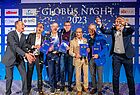 Ein Hoch auf den Globus Award (von links): Matthias Gürtler (ta), Kurt Koch (Rita AG), Udo Lutz (TUI Cruises), Steffen Buder (Travelista), Ender Karadag (Ferien Touristik), Christos Tassakos (DAios Cove) und Vangelis Vassiliou (Grecotel)